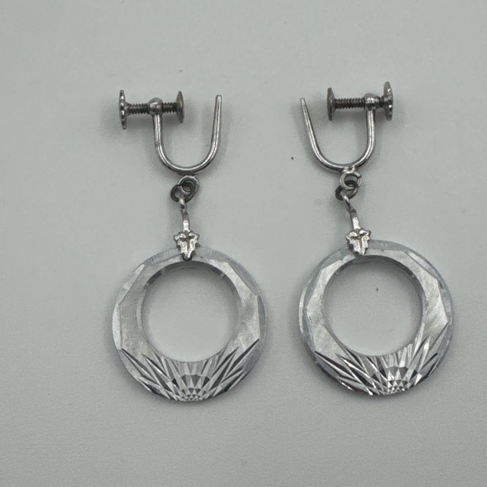 VINTAGE STERLING SILVER ROUND HOOP‎ EARRINGS ETCHED DANGLE DROP